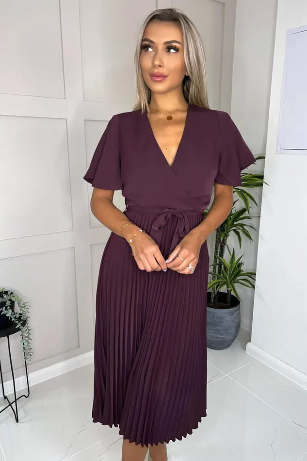 AX Paris Plum Belted Pleated Skirt Midi Dress Women Dresses