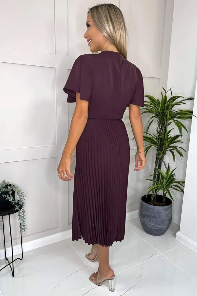 AX Paris Plum Belted Pleated Skirt Midi Dress Women Dresses