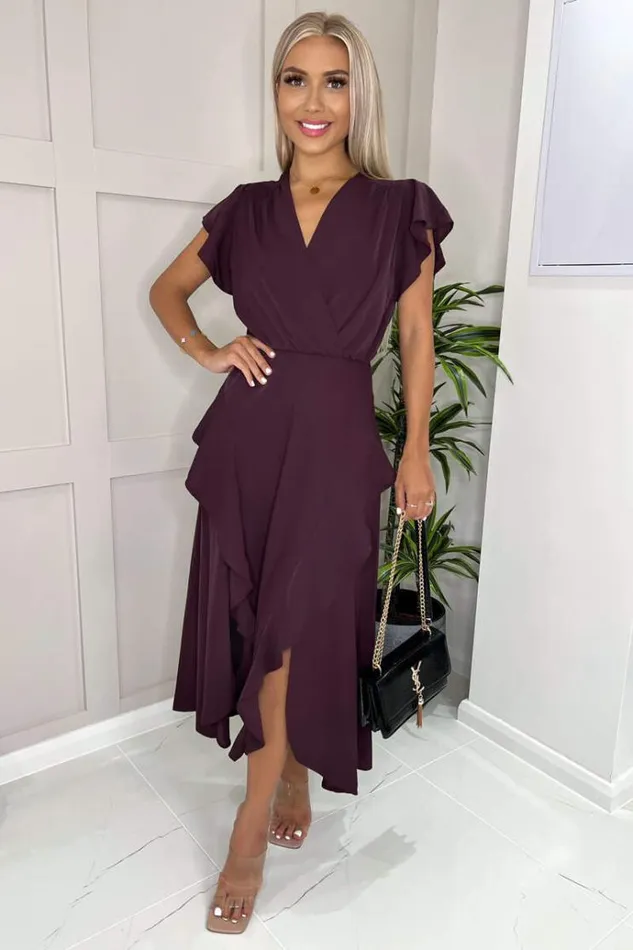 AX Paris Plum Frill Detail Double Split Skirt Midi Dress Women Dresses