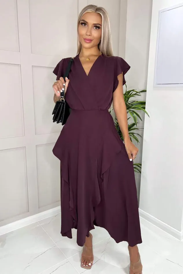 AX Paris Plum Frill Detail Double Split Skirt Midi Dress Women Dresses