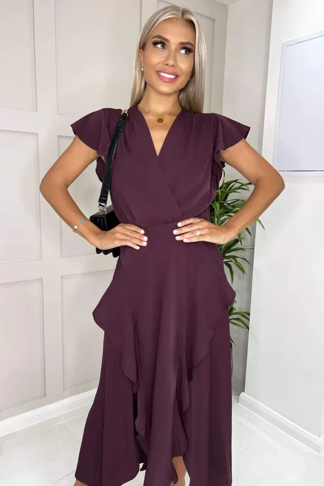 AX Paris Plum Frill Detail Double Split Skirt Midi Dress Women Dresses