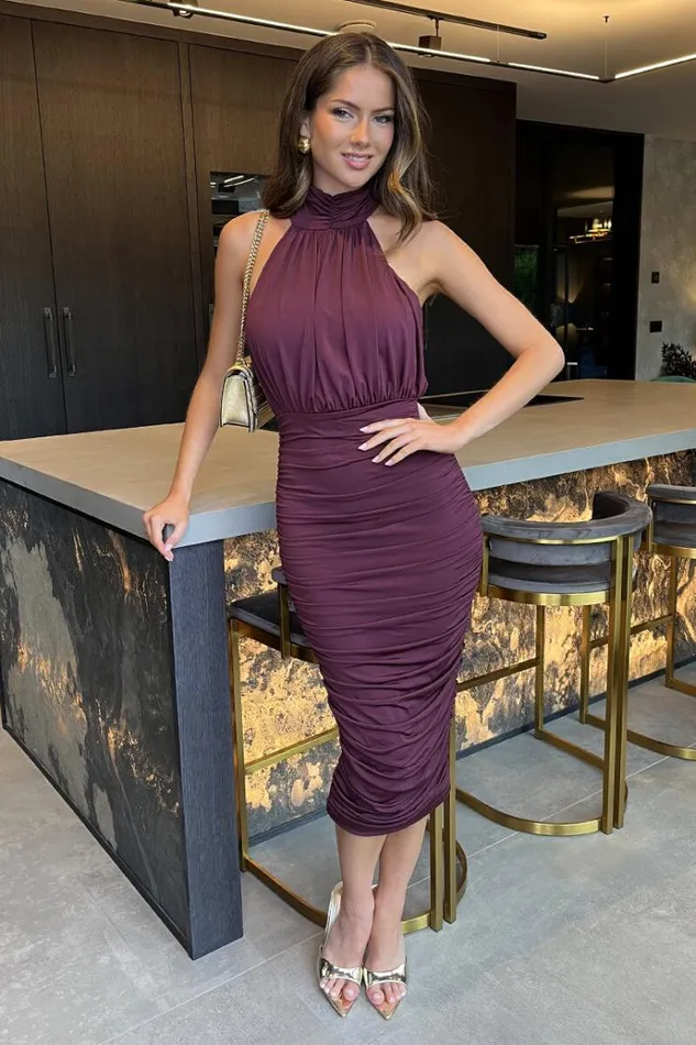 AX Paris Plum Halter Neck Ruched Bodycon Midi Dress Women Dresses