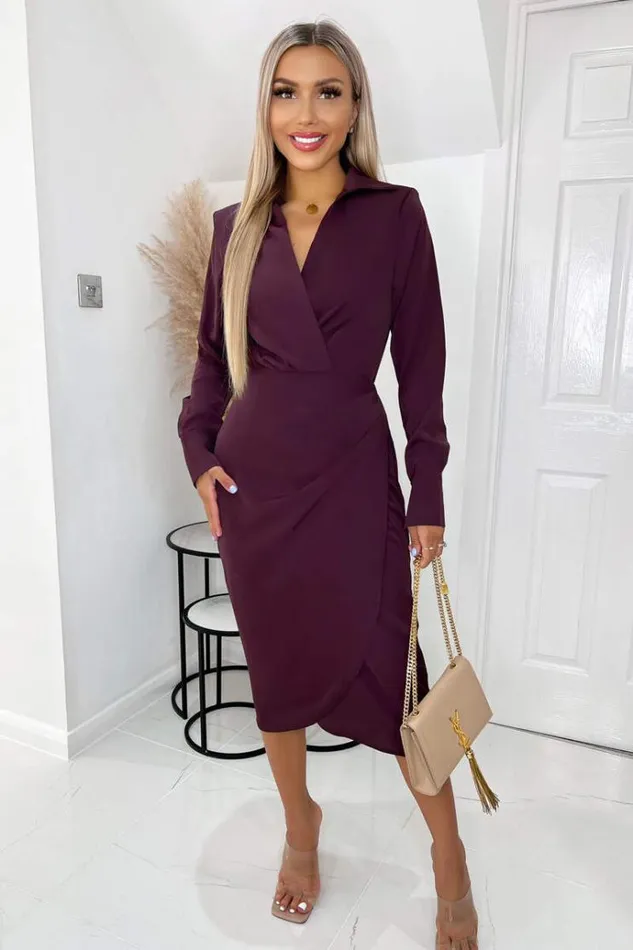 AX Paris Plum Long Sleeve Midi Dress With Shoulder Pads Women Dresses
