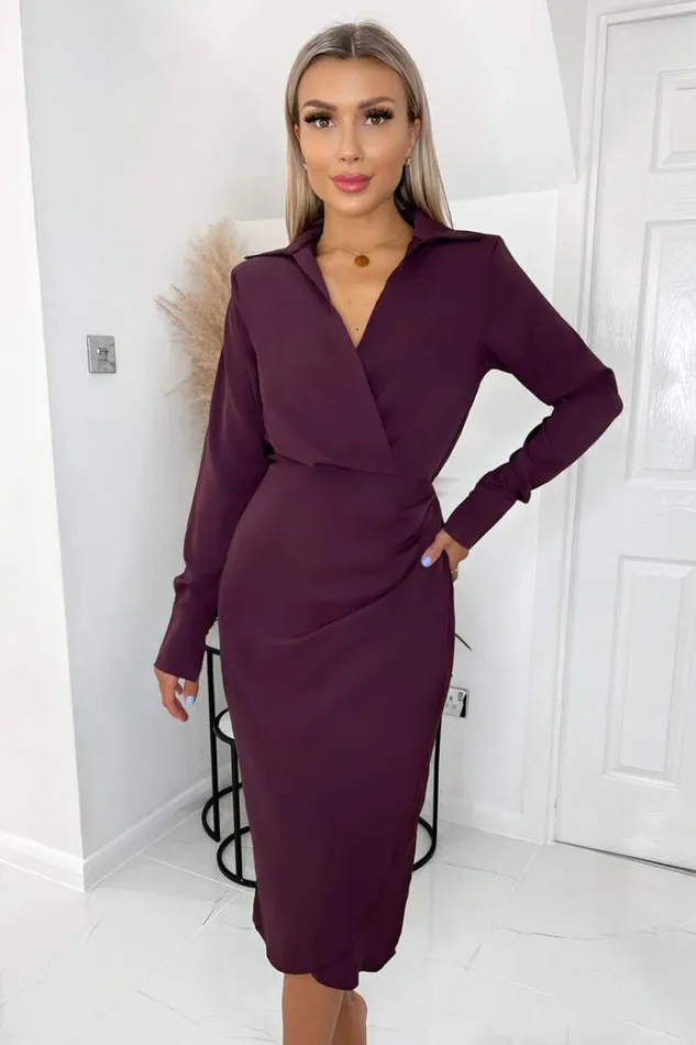 AX Paris Plum Long Sleeve Midi Dress With Shoulder Pads Women Dresses