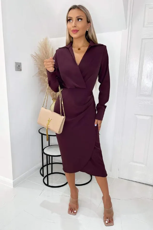 AX Paris Plum Long Sleeve Midi Dress With Shoulder Pads Women Dresses