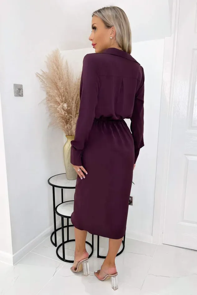 AX Paris Plum Long Sleeve Midi Dress With Shoulder Pads Women Dresses