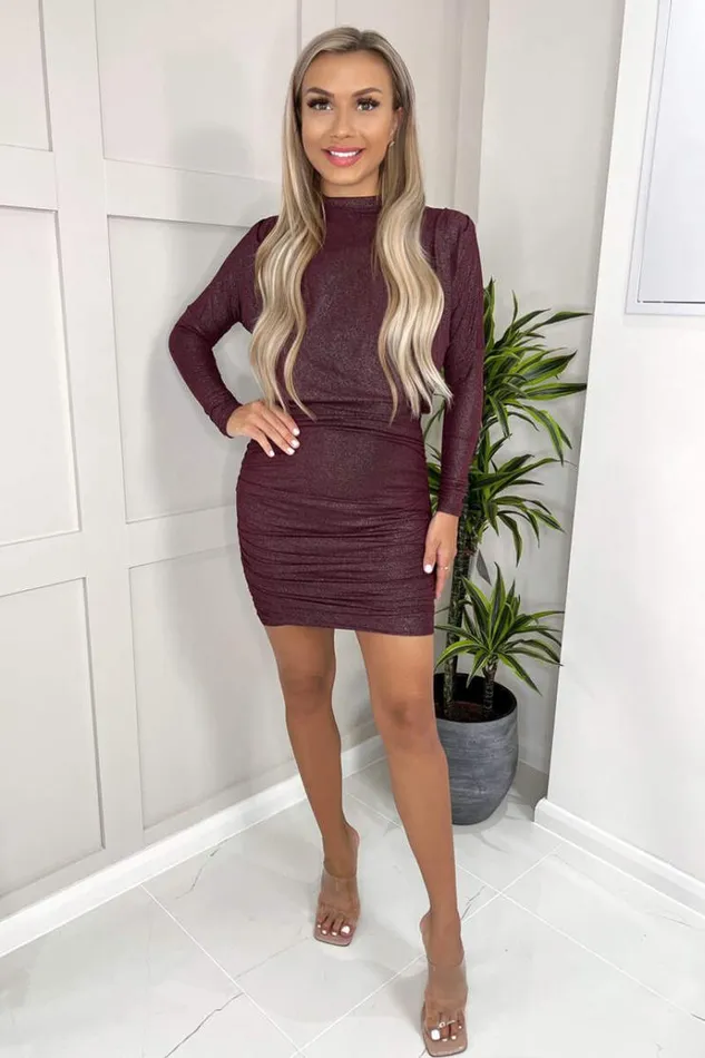 AX Paris Plum Long Sleeve Ruched High Neck Shimmer Bodycon Mini Dress Women Dresses AX Paris Plum Long Sleeve Ruched High Neck Shimmer Bodycon Mini Dress Women Dresses