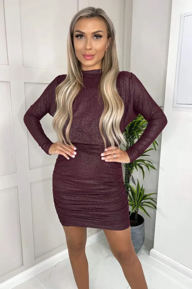 AX Paris Plum Long Sleeve Ruched High Neck Shimmer Bodycon Mini Dress Women Dresses