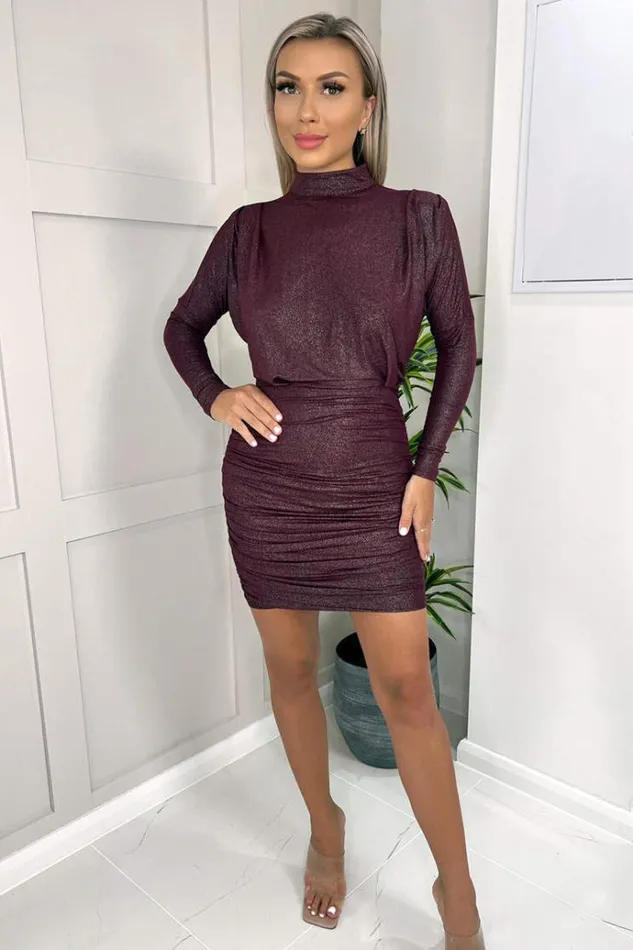 AX Paris Plum Long Sleeve Ruched High Neck Shimmer Bodycon Mini Dress Women Dresses