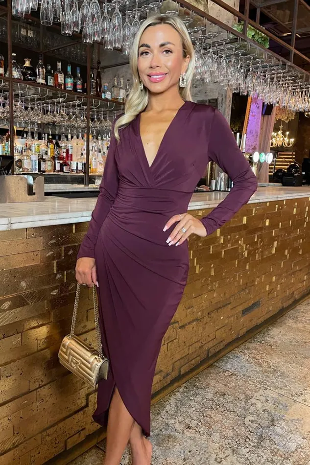 AX Paris Plum Long Sleeve Wrap Midi Dress Women Dresses