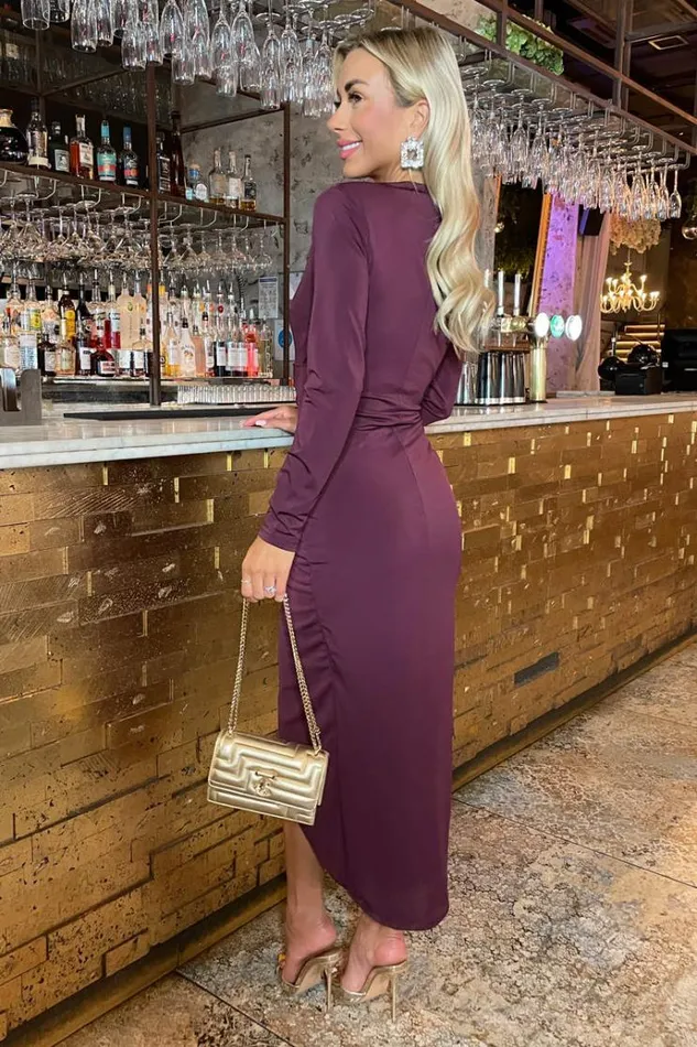 AX Paris Plum Long Sleeve Wrap Midi Dress Women Dresses