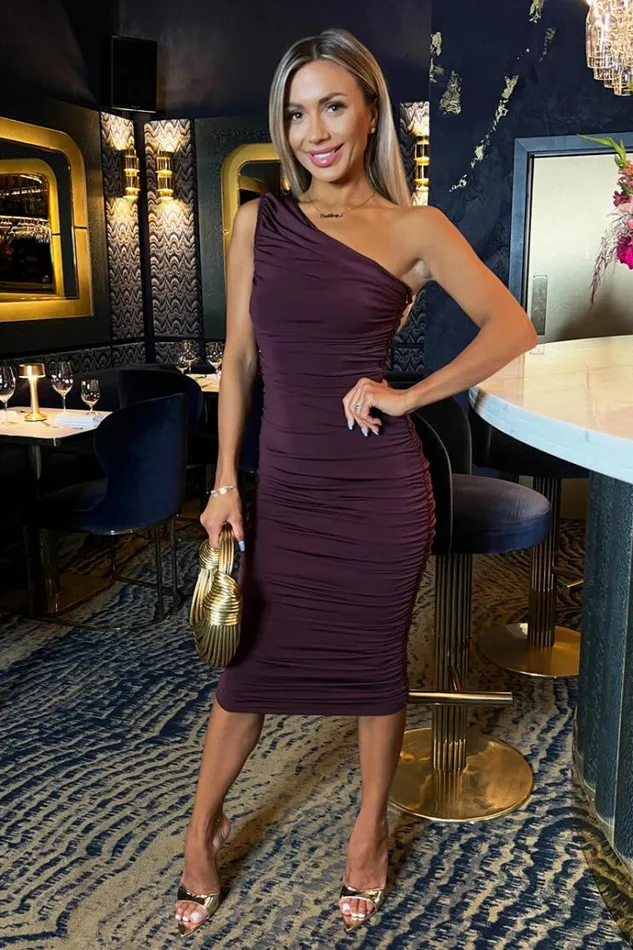 AX Paris Plum One Shoulder Bodycon Ruched Midi Dress Women Dresses
