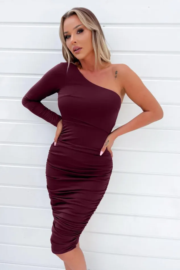 AX Paris Plum One Sleeve Ruched Bodycon Midi Dress Women Dresses