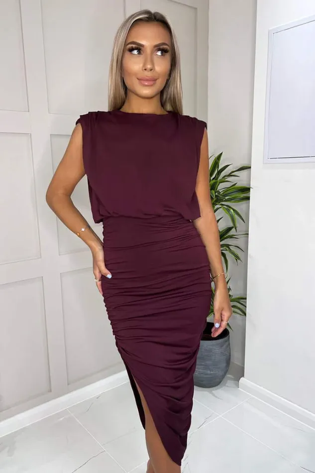 AX Paris Plum Pleated Shoulder Sleeveless Bodycon Dress Women Dresses
