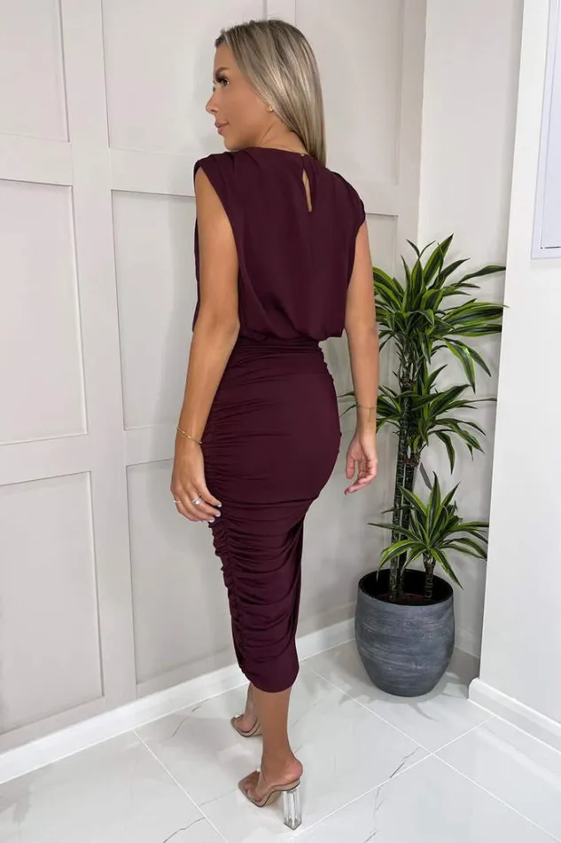AX Paris Plum Pleated Shoulder Sleeveless Bodycon Dress Women Dresses