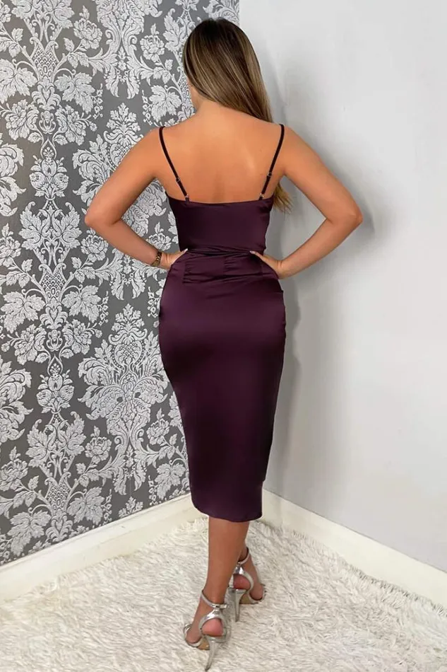 AX Paris Plum Pleated Wrap Cowl Neck Satin Midi Dress Women Dresses