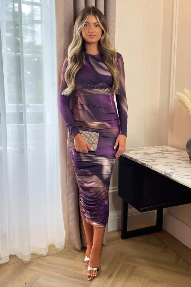 AX Paris Plum Printed Long Sleeve Ruched Bodycon Midi Dress Women Dresses