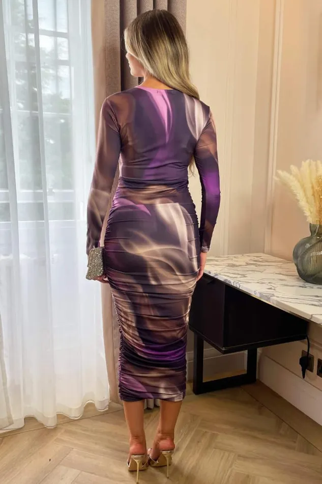 AX Paris Plum Printed Long Sleeve Ruched Bodycon Midi Dress Women Dresses