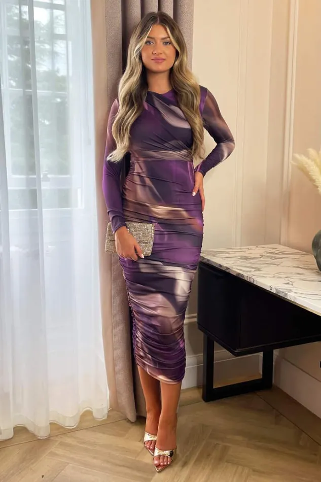 AX Paris Plum Printed Long Sleeve Ruched Bodycon Midi Dress Women Dresses
