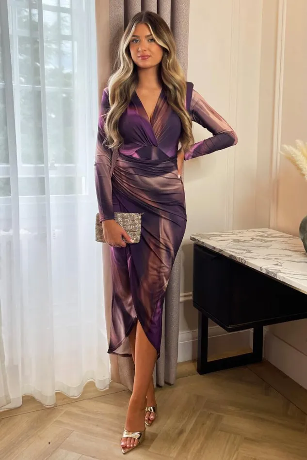 AX Paris Plum Printed Long Sleeve Wrap Midi Dress Women Dresses