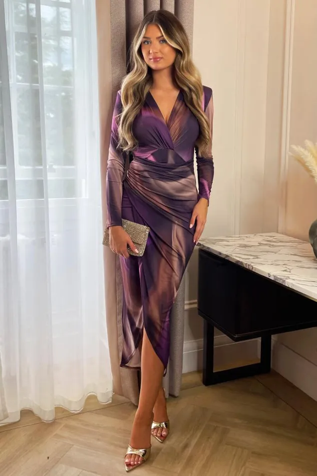 AX Paris Plum Printed Long Sleeve Wrap Midi Dress Women Dresses