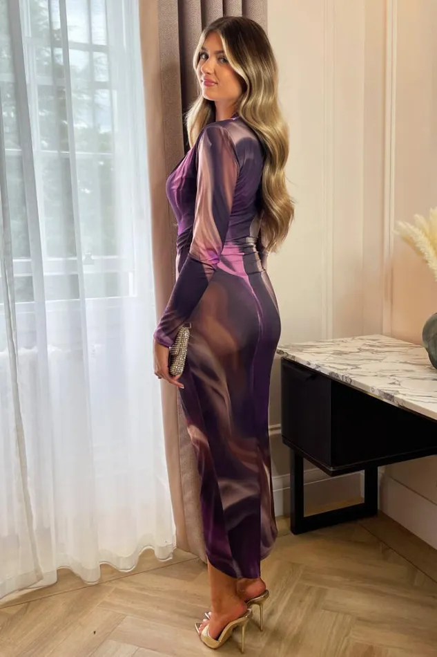 AX Paris Plum Printed Long Sleeve Wrap Midi Dress Women Dresses