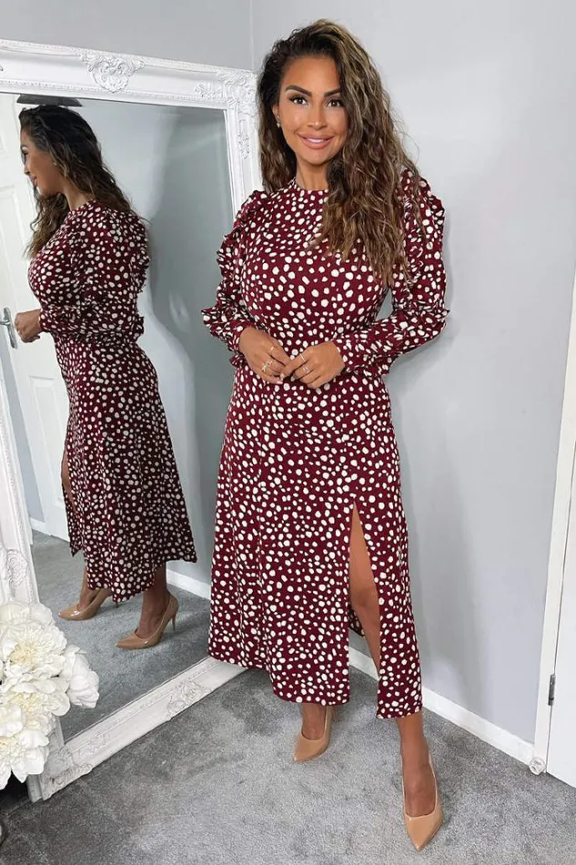 AX Paris Plum Printed Pleated Sleeve Midi Dress Women Dresses
