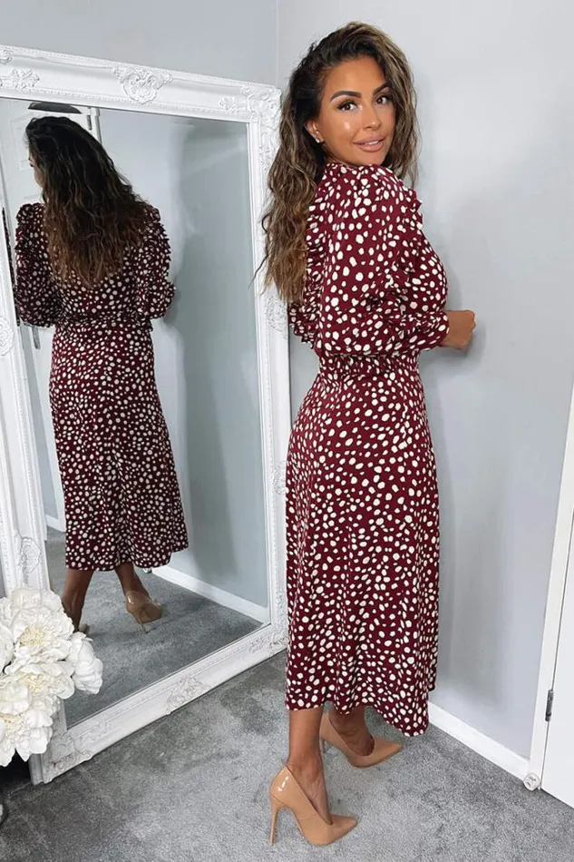 AX Paris Plum Printed Pleated Sleeve Midi Dress Women Dresses