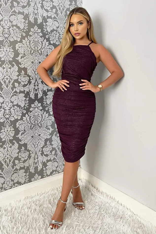 AX Paris Plum Ruched Bodycon Shimmer Midi Dress Women Dresses