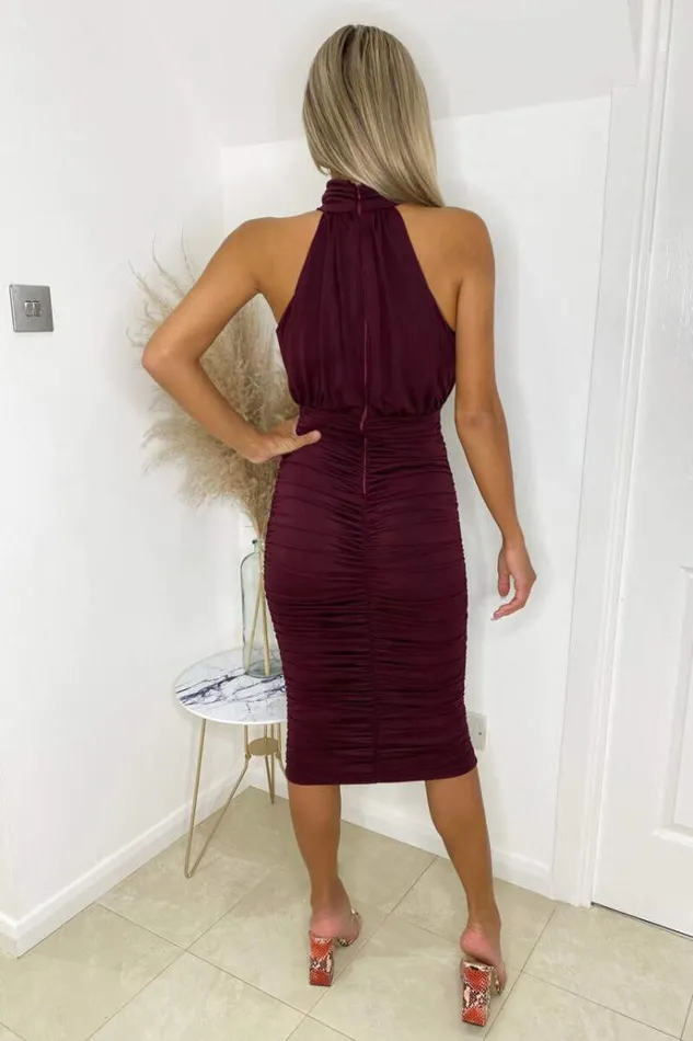 AX Paris Plum Ruched Halter Neck Midi Dress Women Dresses