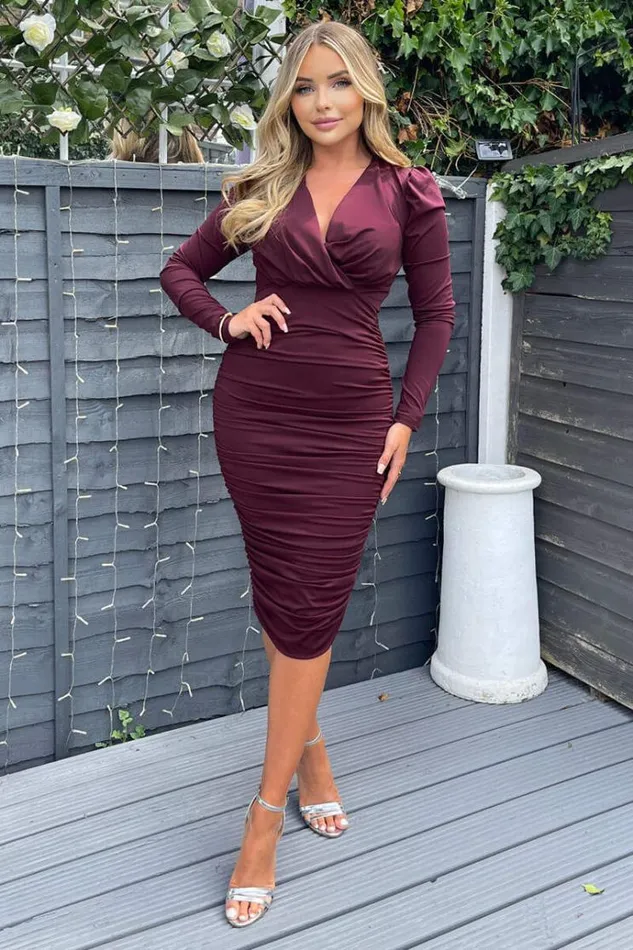 AX Paris Plum Ruched Long Sleeve Cross Front Midi Dress Women Dresses