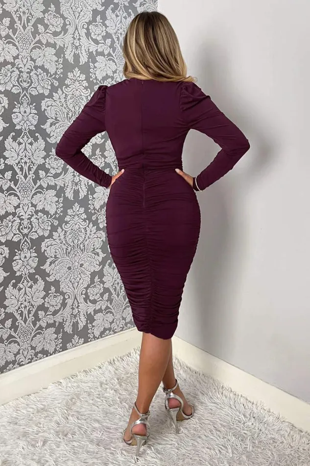AX Paris Plum Ruched Long Sleeve Cross Front Midi Dress Women Dresses