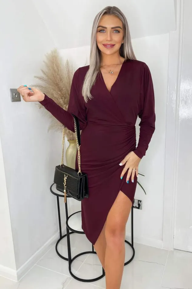 AX Paris Plum Ruched Side Wrap Top Midi Dress Women Dresses