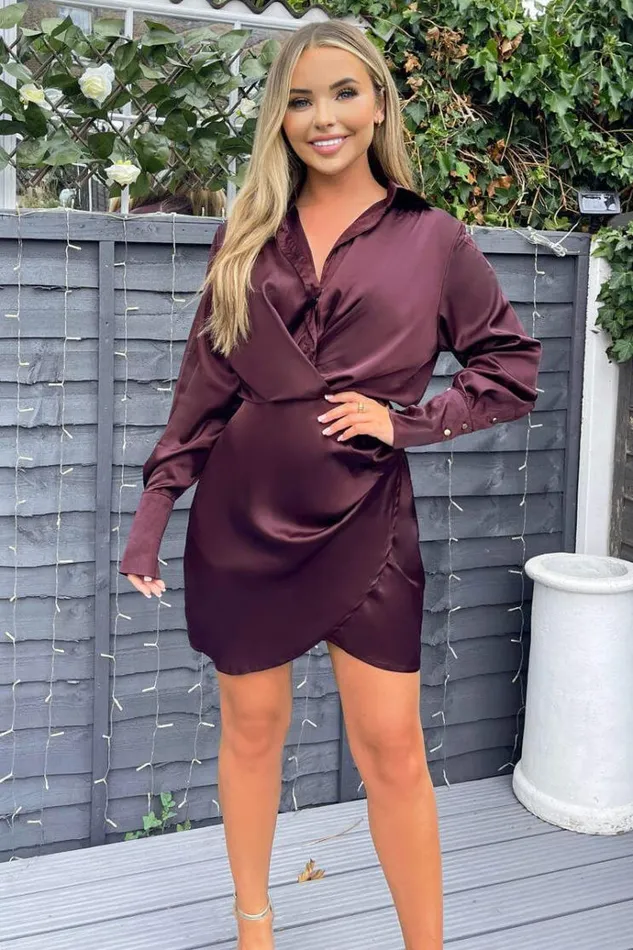 AX Paris Plum Satin Wrap Shirt Dress Women Dresses
