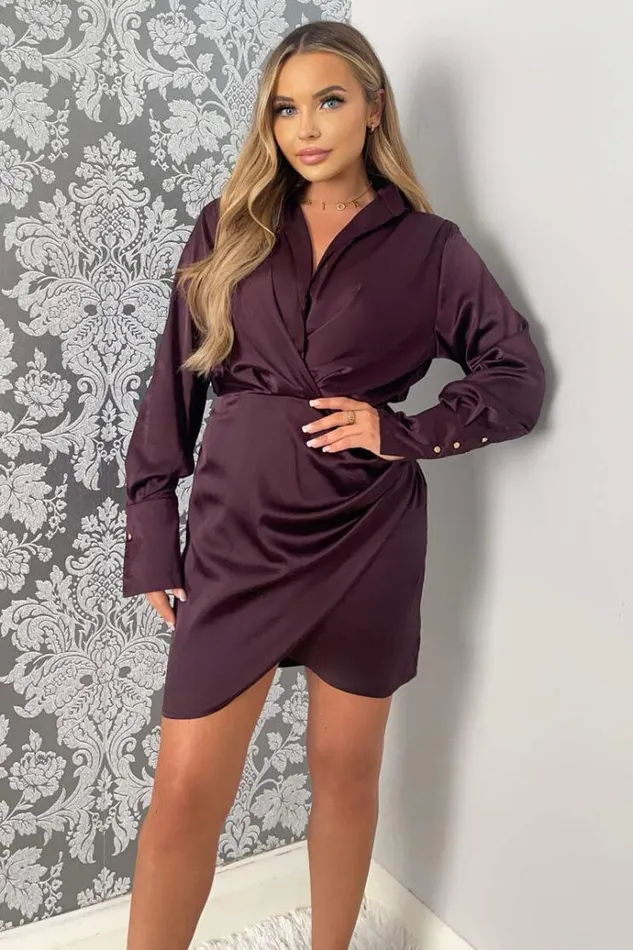 AX Paris Plum Satin Wrap Shirt Dress Women Dresses