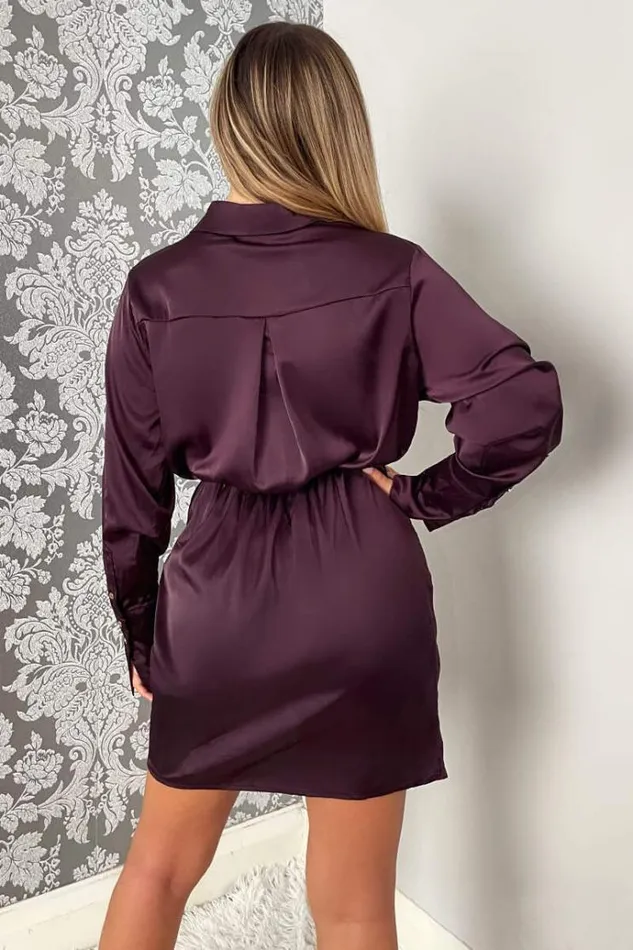 AX Paris Plum Satin Wrap Shirt Dress Women Dresses