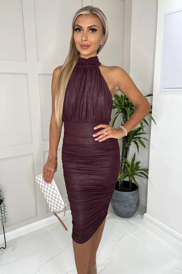 AX Paris Plum Shimmer High Neck Ruched Bodycon Midi Dress Women Dresses