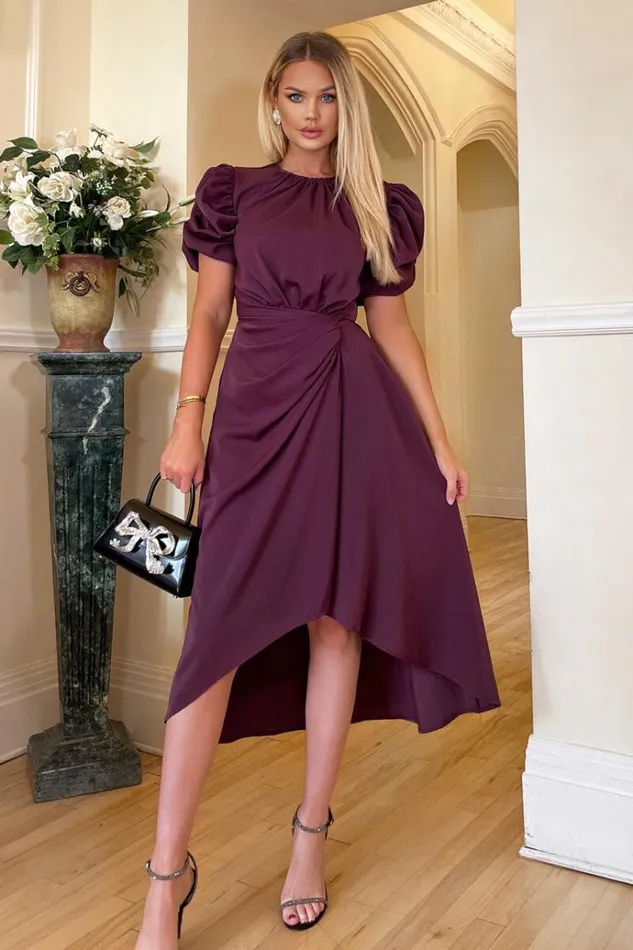 AX Paris Plum Short Puff Sleeve Gathered Side Midi Dress Women Dresses