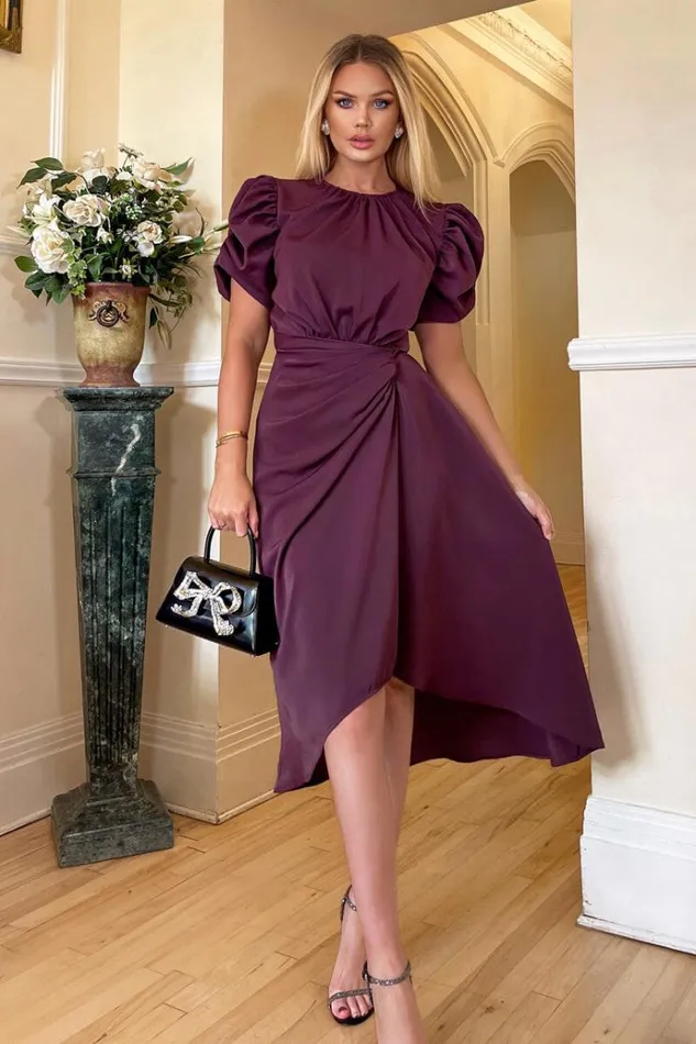 AX Paris Plum Short Puff Sleeve Gathered Side Midi Dress Women Dresses