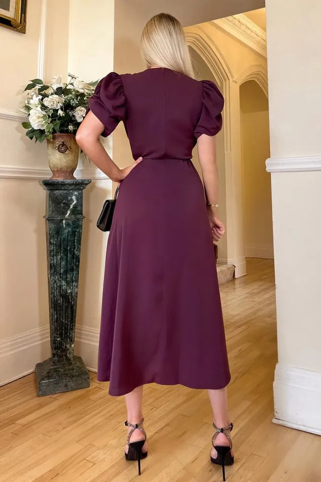 AX Paris Plum Short Puff Sleeve Gathered Side Midi Dress Women Dresses