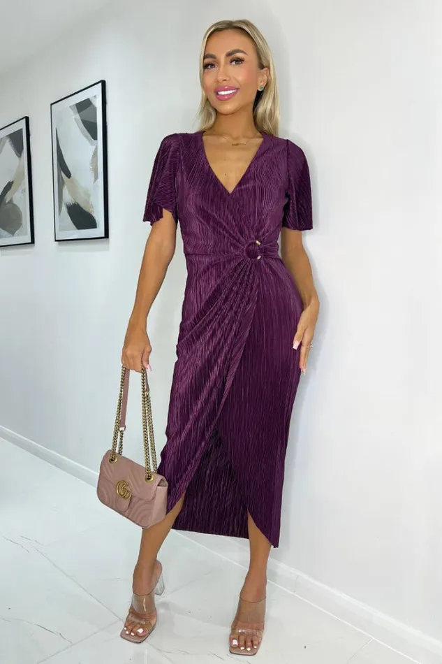 AX Paris Plum Short Sleeve Plisse Wrap Midi Dress Women Dresses
