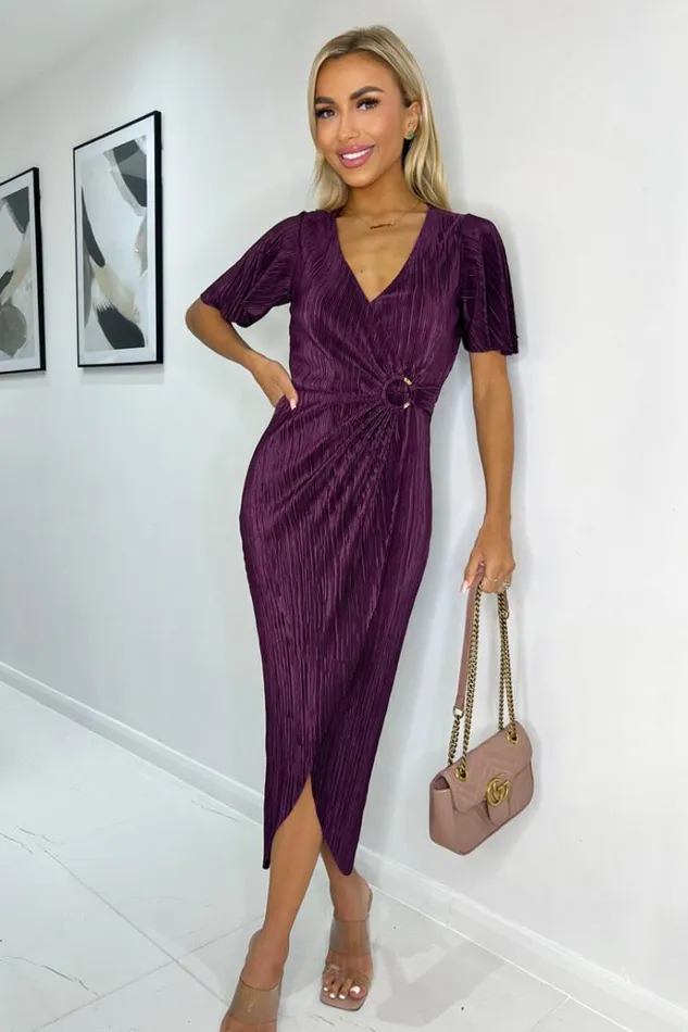 AX Paris Plum Short Sleeve Plisse Wrap Midi Dress Women Dresses