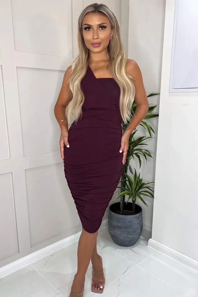 AX Paris Plum Shoulder Ruched Bodycon Midi Dress Women Dresses