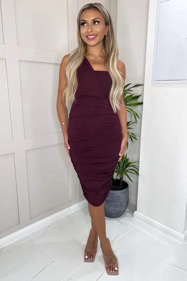 AX Paris Plum Shoulder Ruched Bodycon Midi Dress Women Dresses