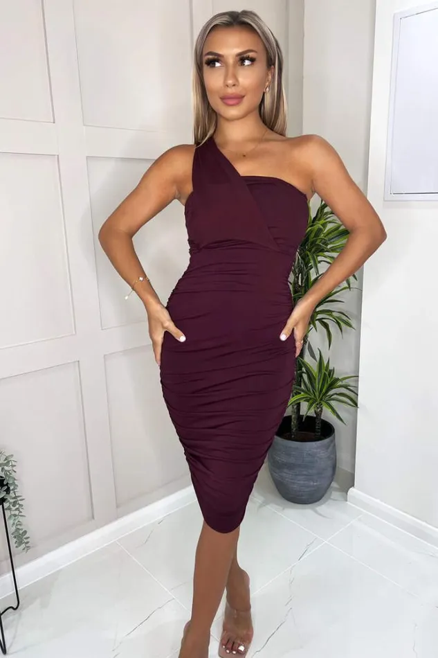 AX Paris Plum Shoulder Ruched Bodycon Midi Dress Women Dresses