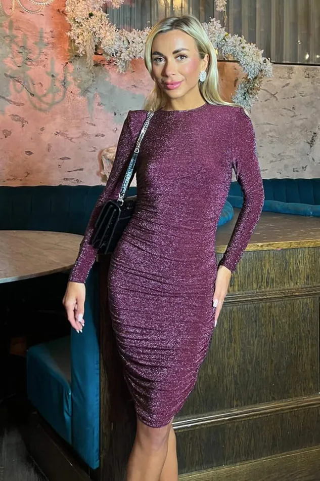 AX Paris Plum Sparkly Long Sleeve Ruched Midi Bodycon Dress Women Dresses