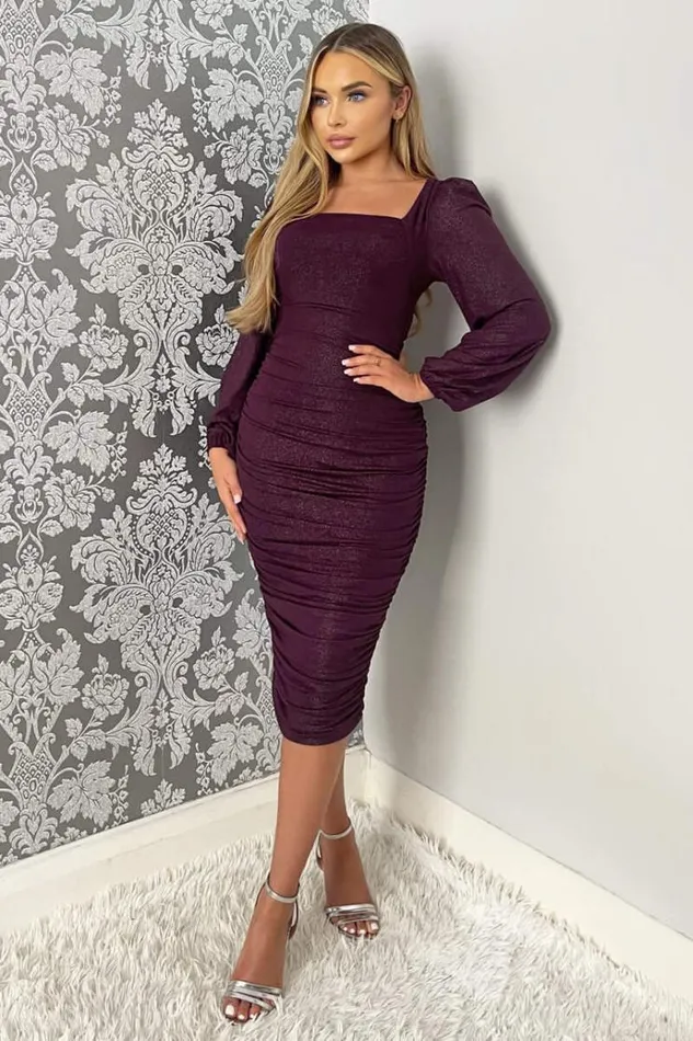 AX Paris Plum Square Neck Long Sleeve Ruched Shimmer Midi Dress Women Dresses AX Paris Plum Square Neck Long Sleeve Ruched Shimmer Midi Dress Women Dresses