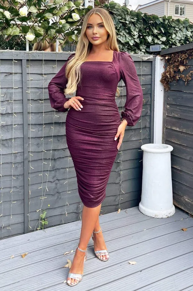AX Paris Plum Square Neck Long Sleeve Ruched Shimmer Midi Dress Women Dresses