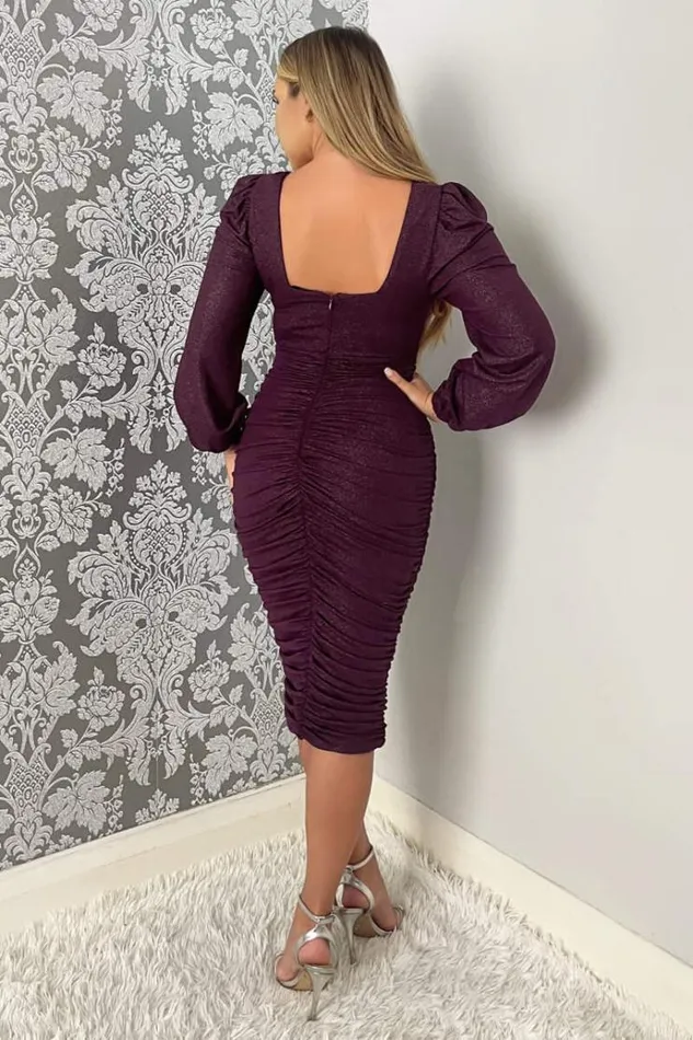 AX Paris Plum Square Neck Long Sleeve Ruched Shimmer Midi Dress Women Dresses