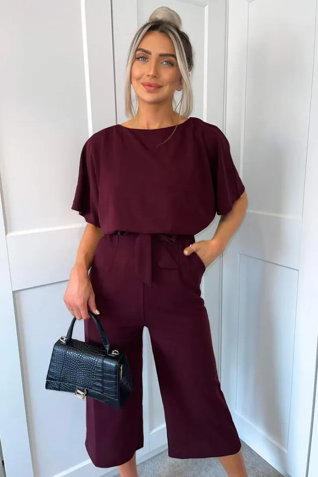 AX Paris Plum Tie Waist Short Sleeve Culotte Jumpsuit Women Jumpsuits And Playsuits AX Paris Plum Tie Waist Short Sleeve Culotte Jumpsuit Women Jumpsuits And Playsuits